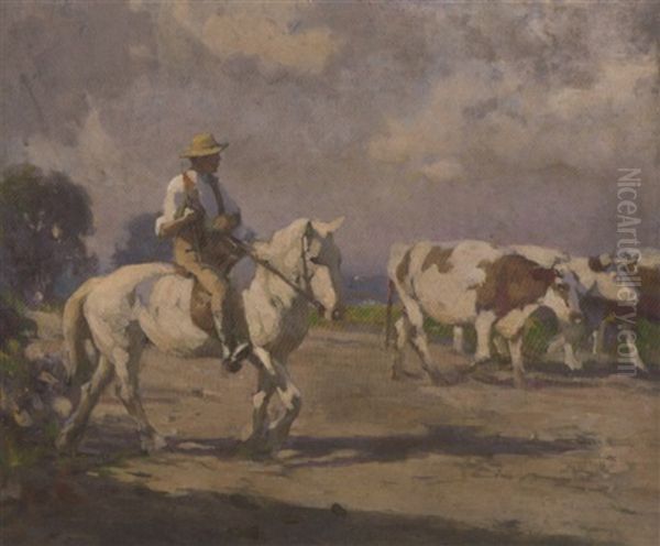 A Cow Drover On Horseback Oil Painting by Frederick Hall