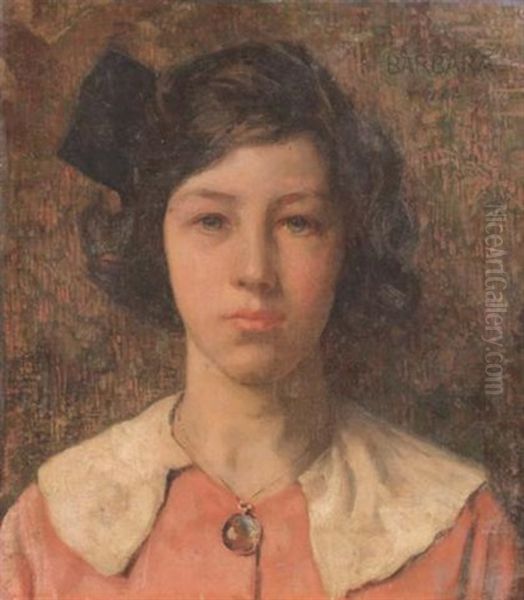 Portrait Of Barbara Hall, The Artist's Daughter Aged 13, In A Pink Dress With A White Collar Oil Painting by Frederick Hall