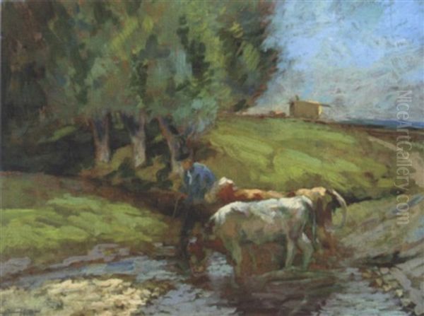 Cattle Crossing A Ford Oil Painting by Frederick Hall