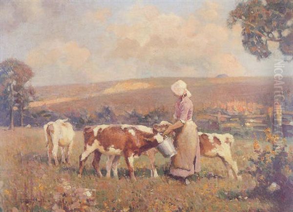 Feeding Time; A Milkmaid Feeding Calves In A Paddock Oil Painting by Frederick Hall