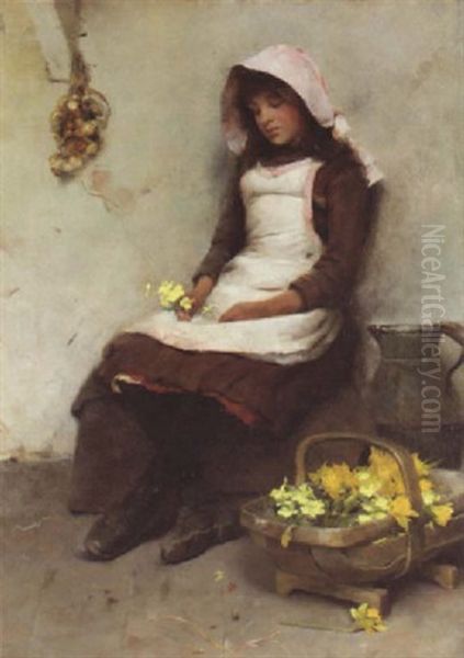 Young Girl With Primroses Oil Painting by Frederick Hall