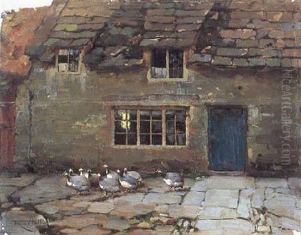 Guinea Fowl In Front Of A Cottage Oil Painting by Frederick Hall