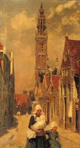 Figures In A Breton Town Oil Painting by Frederick Hall