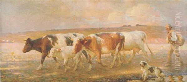 A Golden Evening, Cattle And Cowman With A Dog In The Lambourn Valley Oil Painting by Frederick Hall