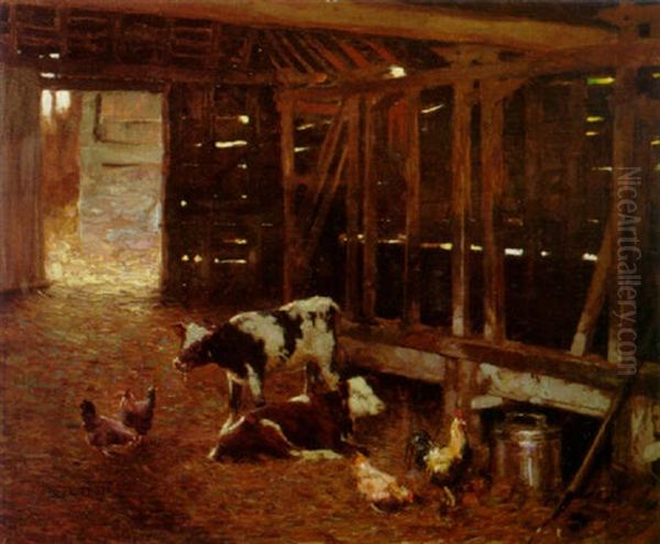 Calves In A Barn Oil Painting by Frederick Hall