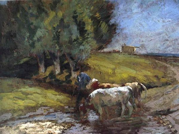 Cattle Drinking From A Stream Oil Painting by Frederick Hall