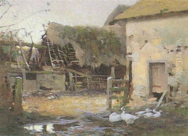 Old Farmyard Oil Painting by Frederick Hall