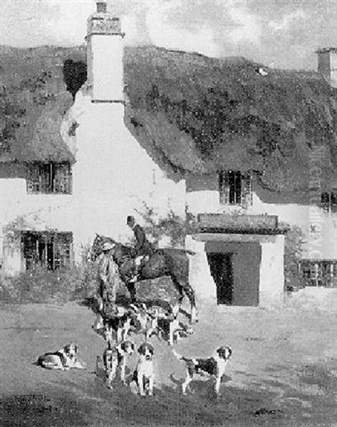 A Huntsman And Hounds Outside The Rose And Crown Oil Painting by Frederick Hall