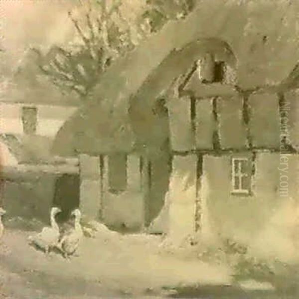 Geese By A Thatched Cottage Oil Painting by Frederick Hall