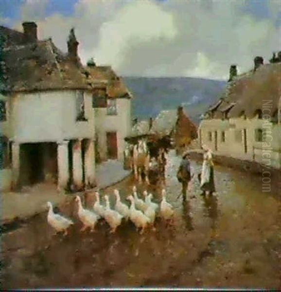 A Gaggle Of Geese Outside The Greyhound Inn,corfe Castle,   Dorset Oil Painting by Frederick Hall