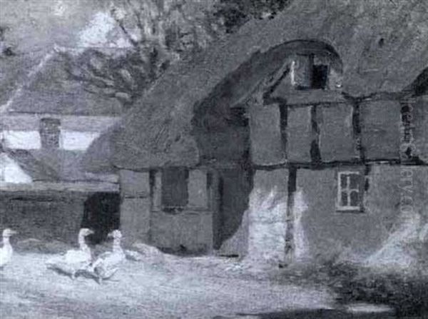 Geese By A Thatched Cottage by Frederick Hall