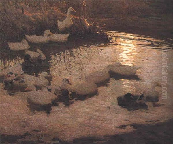 Ducks On A Pond Oil Painting by Frederick Hall