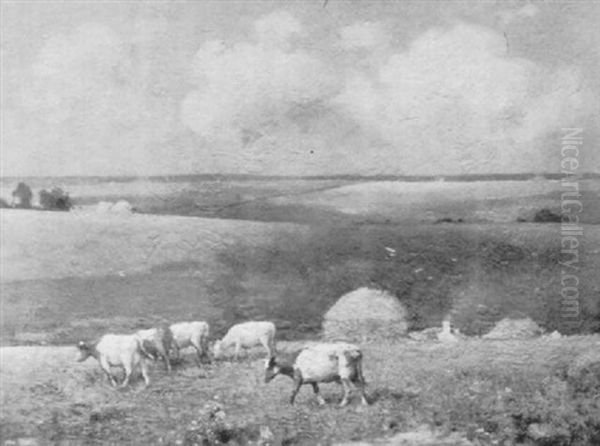 Cattle Grazing On A Summer Hillside Oil Painting by Frederick Hall