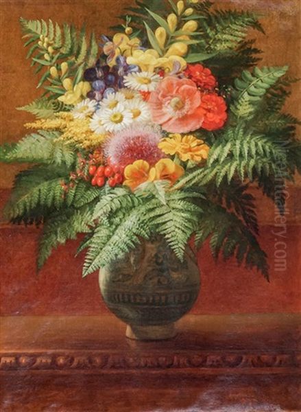 Still Life Of Flowers And Ferns In A Ceramic Jar On A Table Oil Painting by George Henry Hall