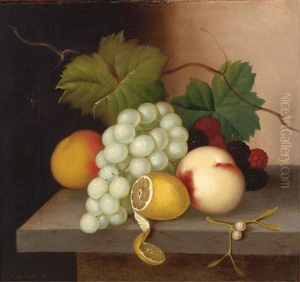 Still Life With Grapes, Peaches, Raspberries, Blackberries, And A Lemon On A Stone Ledge Oil Painting by George Henry Hall