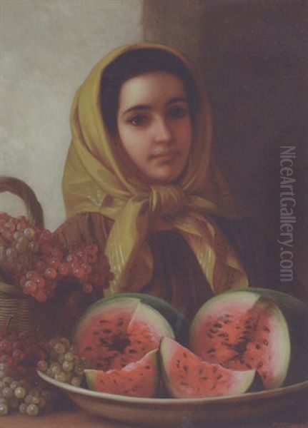 Young Woman With Watermelon And Grapes Oil Painting by George Henry Hall