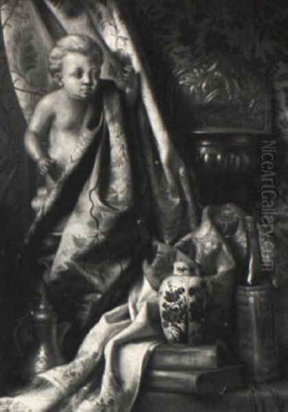 Still Life With Putti, Drapery And Porcelain Vase Oil Painting by George Henry Hall