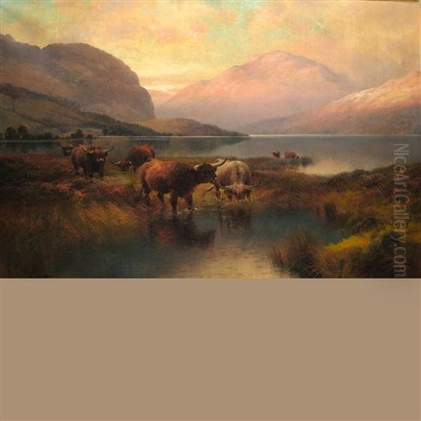 Highland Cattle, Loch Lubnaig, Perthshire, N.b. Oil Painting by Harald R. Hall