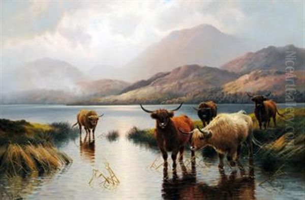 Loch Ness, Early Morning, Highland Cattle Drinking Oil Painting by Harald R. Hall