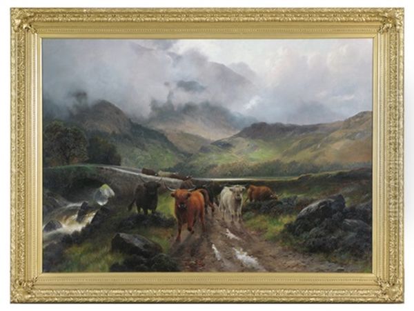 Highland Cattle Moving Downward From Gathering Storm Oil Painting by Harald R. Hall