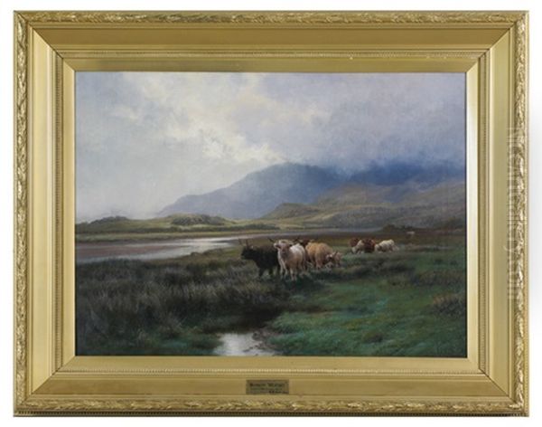 Showery Weather - Highland Cattle Crossing A Marsh Oil Painting by Harald R. Hall