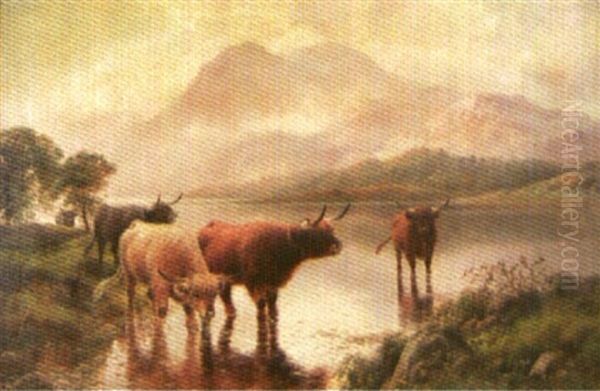 Highland Cattle Drinking, Loch Katrine, Mountains In The Distance Oil Painting by Harald R. Hall