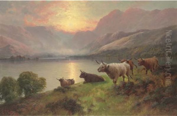 Highland Cattle Beside A Loch (+ Another Similar; Pair) Oil Painting by Harald R. Hall