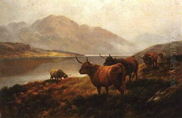 Highland Cattle By A Loch Oil Painting by Harald R. Hall