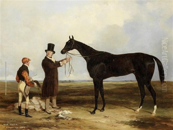 Mr E Bouverie's Brown Colt 'war Eagle' Held By His Trainer C Marson With The Jockey Samuel Mann Oil Painting by Harry Hall