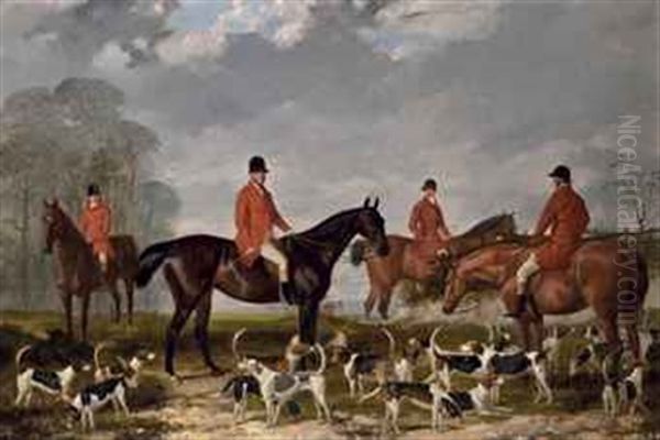 George Mure Of Herringswell, Master Of The East Suffolk Hunt, On A Bay Hunter, With Huntsmen And Hounds Oil Painting by Harry Hall