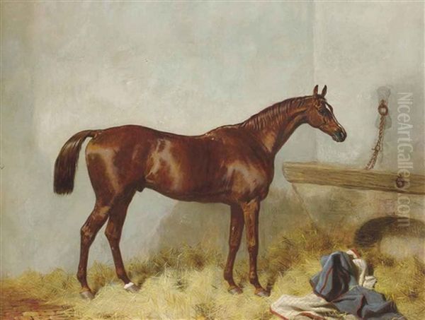 Un Cheval Alezan Dans Une Etable Oil Painting by Harry Hall