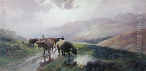 Highland Cattle At A Moorland Pond By Loch Maree, Evening; And A Highland Drove (pair) Oil Painting by Harry Hall