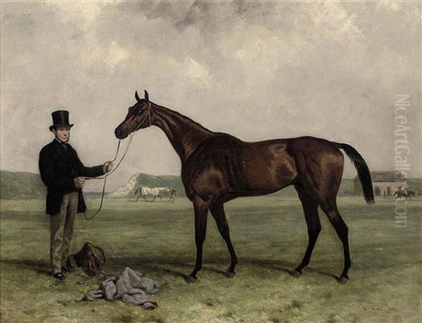 Gamester, Winner Of The Doncaster And Newmarket St. Legers, Held By A Groom, At Newmarket Oil Painting by Harry Hall