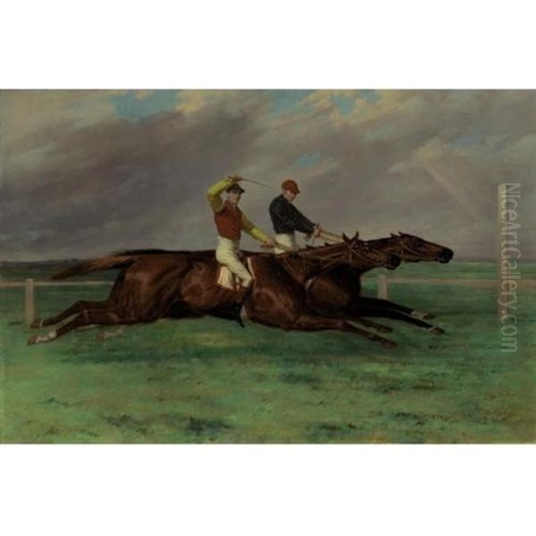 Sir Sutton's Lord Lyon Beating Lord Ailesbury's Savernake At The Doncaster St. Leger Of 1866 Oil Painting by Harry Hall