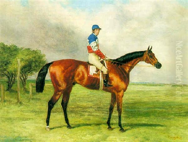 Mr. T. Lombard's Bay Racehorse With Jockey Up In A Landscape Oil Painting by Harry Hall