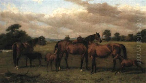 Lord Falmouth's Mares And Foals In Mereworth Park, Kent Oil Painting by Harry Hall