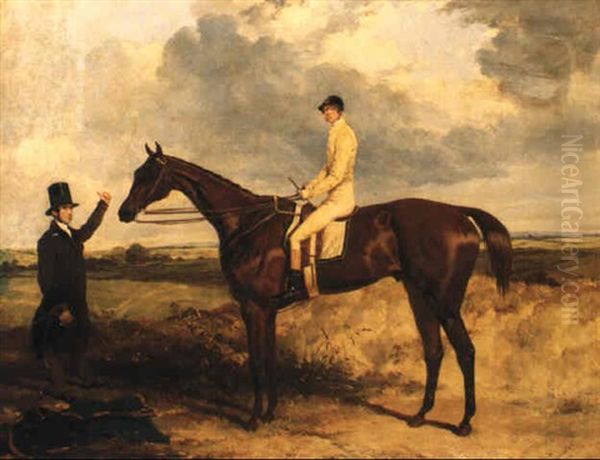 'eagle', A Chestnut Racehorse, With Jockey Up And Trainer Oil Painting by Harry Hall