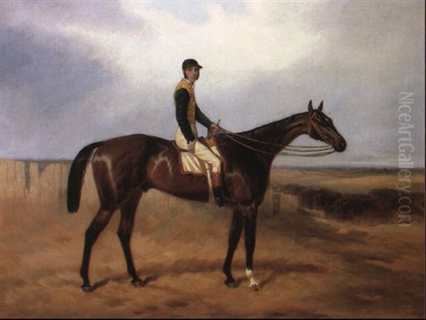 Mr. Sylvester's Dark Bay Racehorse With Jockey In An Extensive Landscape Oil Painting by Harry Hall