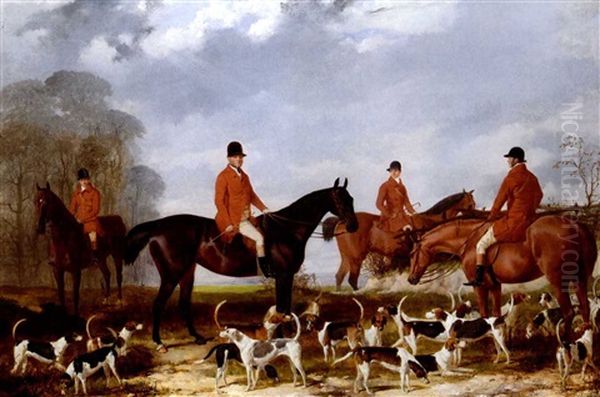 George Mure Of Herringswell, Master Of The East Suffolk     Hunt, On A Bay Hunter, With Huntsmen And Hounds Oil Painting by Harry Hall