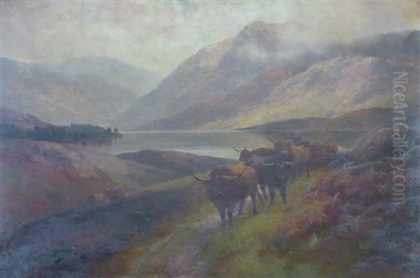 Highland Cattle In A Misty River Landscape 'loch Katrine' Oil Painting by Henry Robinson Hall