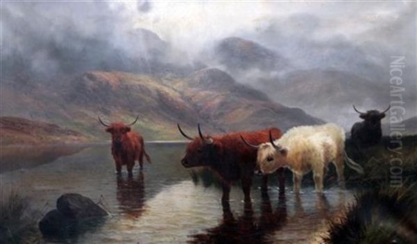 Highland Cattle, Loch Lubnaig Oil Painting by Henry Robinson Hall