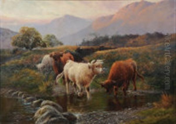 Highland Cattle Watering Oil Painting by Henry Robinson Hall