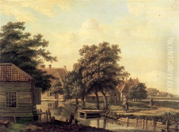 Dutch Village Scene Oil Painting by Jan Jacob Teyler Van Hall