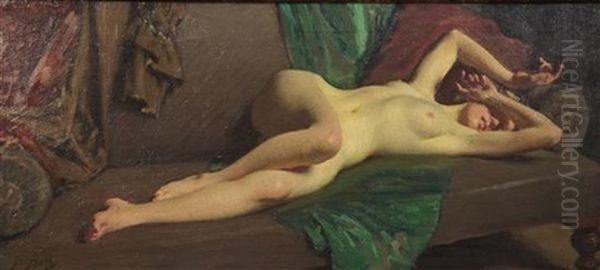 Sleeping Beauty - Nude Reclining Upon A Settee Oil Painting by Lindsay Bernard Hall