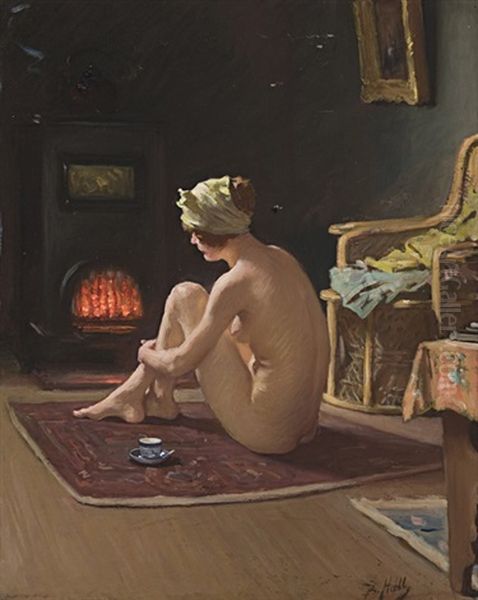 Seated Nude By The Fire Oil Painting by Lindsay Bernard Hall