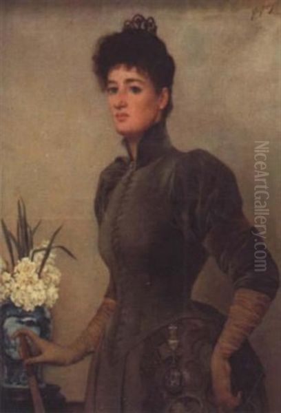 Portrait Of A Lady Standing By A Vase Of Flowers Oil Painting by Lindsay Bernard Hall