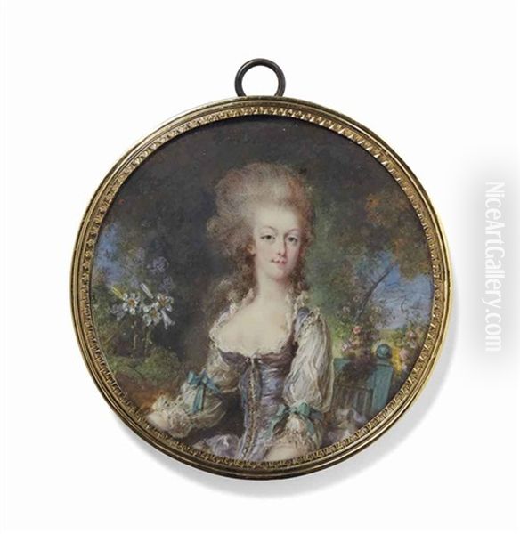 Portrait De La Reine Marie-antoinette Assise Sur Une Chaise, Devant Un Fond Boise Et Fleuri Oil Painting by Pierre Adolphe Hall