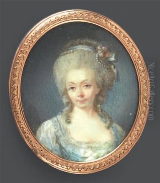 Portrait De Madame De Tourville, Dame D'honneur De La Reine Marie-antoinette, En Robe De Soie Blanche A Corset Bleu Oil Painting by Pierre Adolphe Hall