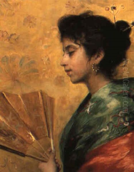 Young Girl In A Kimono Oil Painting by Richard Hall