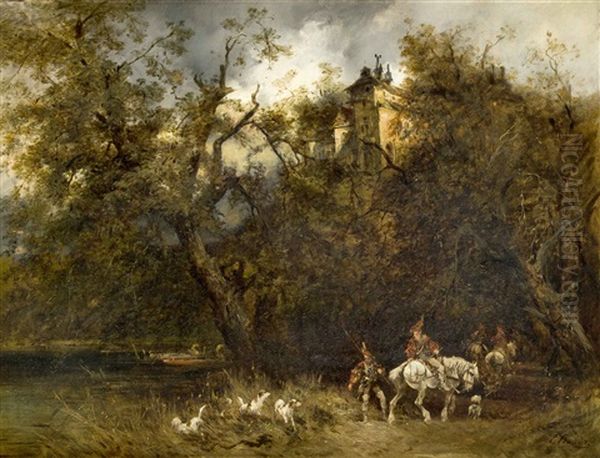 Eine Grose Waldlandschaft Zu Fusen Einer Burganlage Mit Jagern Im Stil Des 16. Jahrhunderts Zu Pferde Oil Painting by Emil Hallatz